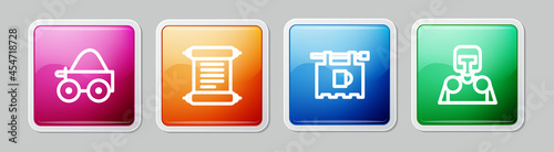 Set line Wooden four-wheel cart, Decree, parchment, scroll, Street signboard with Bar and Medieval knight. Colorful square button. Vector