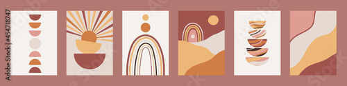 Set of minimalist geometric boho wall decor prints. Abstract posters for modern bohemian esthetic interior. Contemporary printable artwork. Sun, Moon, rainbow. Hand drawn vector illustration.