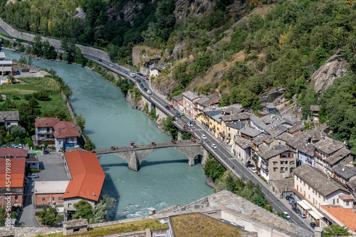 Fotografija Aerial view of Bard and Hone divided by the Dora Baltea river, Aosta Valley, Ita
