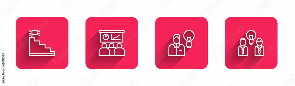 Set line Stair with finish flag, Training, presentation, Human lamp bulb and People with long shadow. Red square button. Vector Set line Stair with finish flag, Training, presentation, Human lamp bulb and People with long shadow. Red square button. Vector