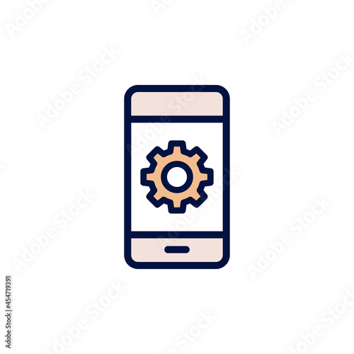 Smartphone with gear icon on white background. Phone settings concept.