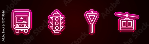Set line Delivery cargo truck, Traffic light, Road traffic signpost and Cable. Glowing neon icon. Vector