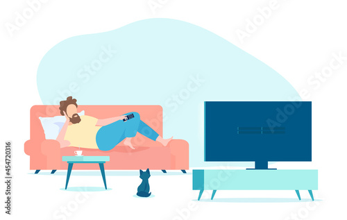 Vector of a man sitting on the couch and watching TV.