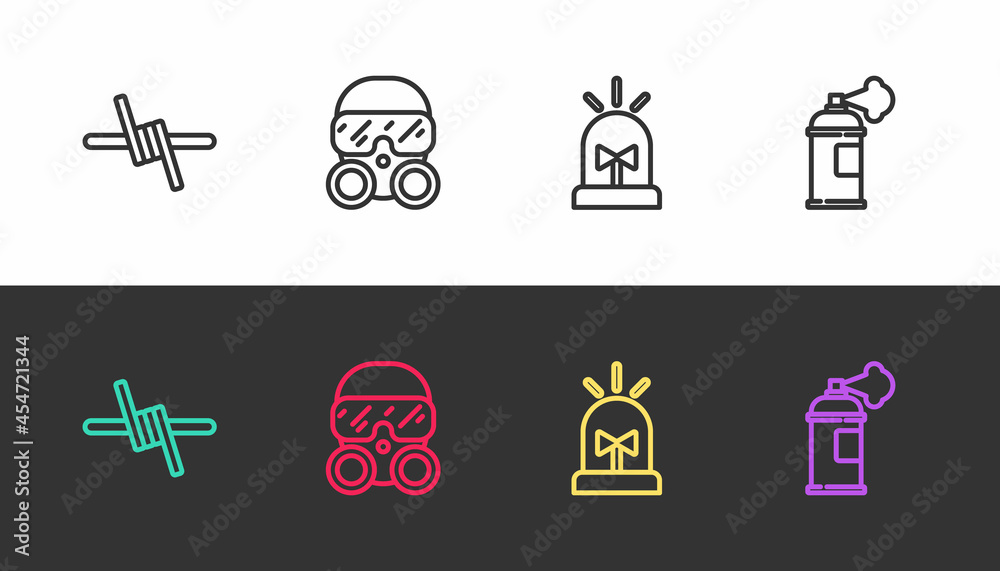 Set line Barbed wire, Gas mask, Flasher siren and Paint spray can on black and white. Vector