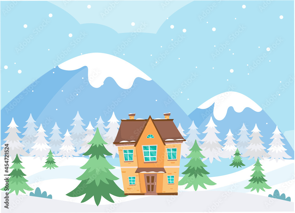 House in mountains surrounded by fir trees at winter time. Sunny winter day. Christmas winter illustration. Cartoon winter landscape.