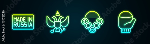 Set line Made in Russia, National emblem of, Russian bagels and Christmas mitten. Glowing neon icon. Vector