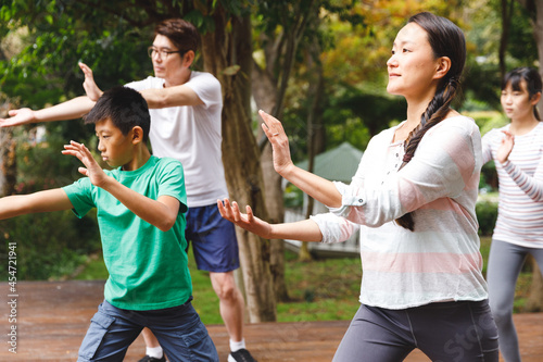 Asian parents, son and daughter exercising outdoors, practicing tai chi photo