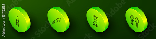 Set Isometric line Tabasco sauce, Snake, Mexican carpet and Maracas icon. Vector