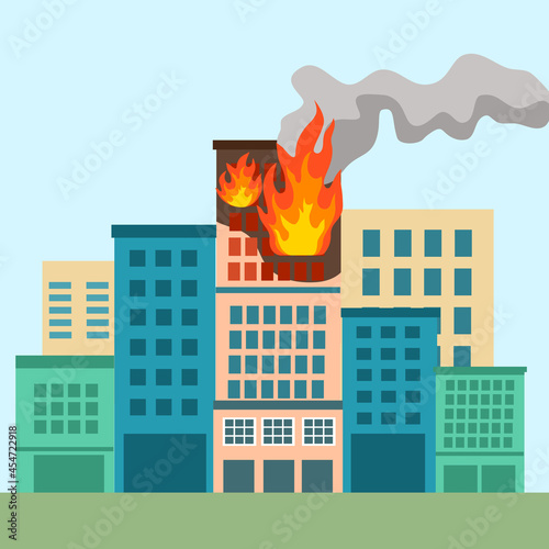 Fire burning tower of apartment building. Orange flames in the windows and smoke. Building fire flat design vector illustration.