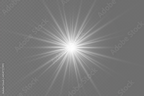 White glowing light burst, sun rays, star.