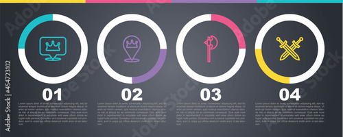 Set line Location king crown, , Medieval axe and Crossed medieval sword. Business infographic template. Vector