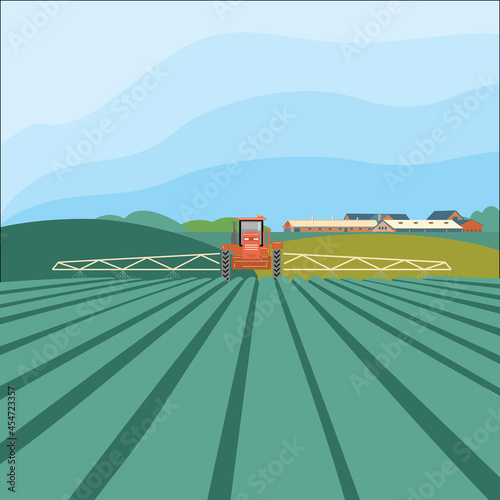 Tractor in the field. Agribusiness concept, agricultural industry. Agroindustry and farming. Vector template design for infographics, websites and print media of the agro industry.