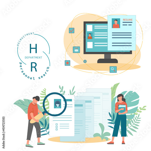 HR specialists review the resumes of applicants for the vacancy. The concept of a recruitment agency, staff search. Flat design