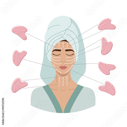 Facial massage direction scheme. How to do gua sha massage. Portrait of young woman with closed eyes in towel on head with rose quartz gua sha scraper, hand drawn vector illustration.