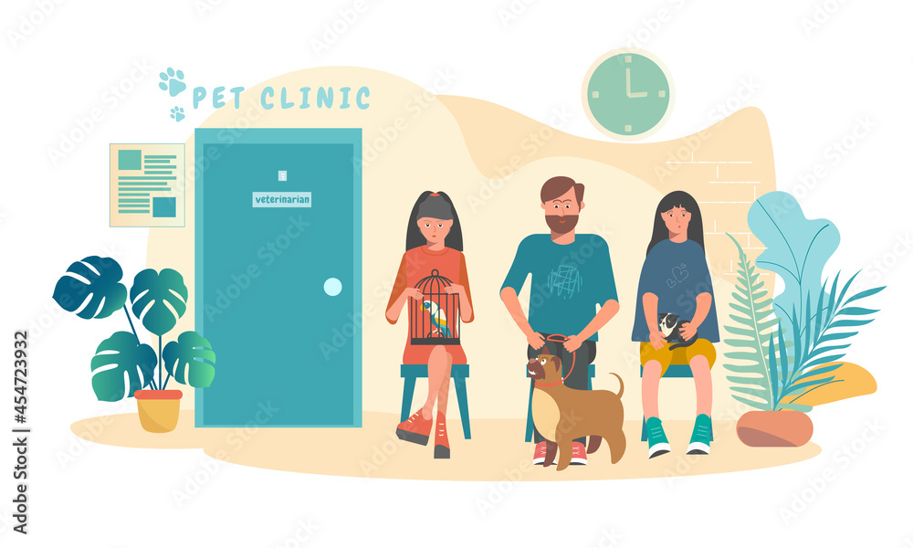 People with their sick pets are sitting for an appointment with a veterinarian. People with their sick pets are sitting for an appointment with a veterinarian.