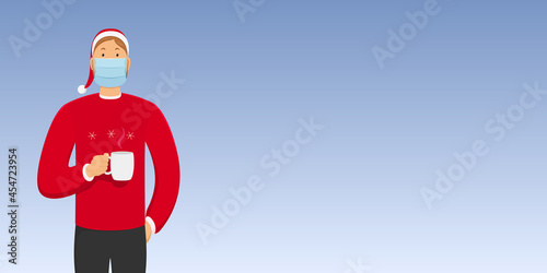 Man in medical mask hold hot drink. Christmas 2021. Vector illustration.