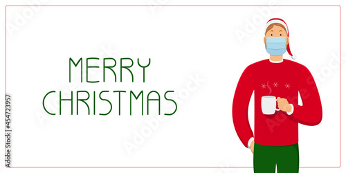 Christmas 2021 card. Man in medical mask. Vector illustration.