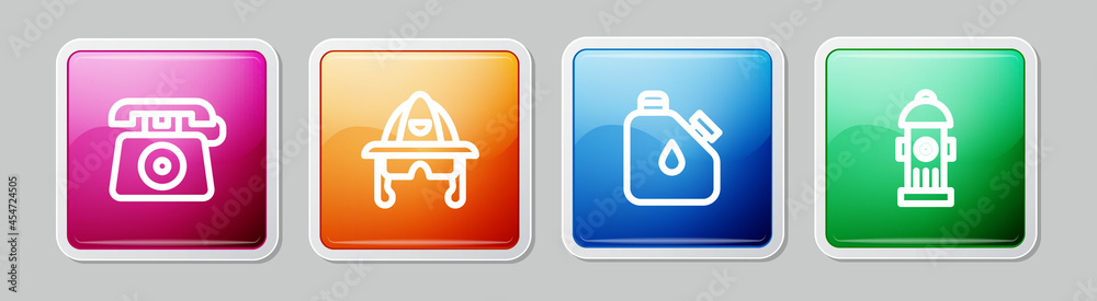 Set line Telephone call 911, Firefighter helmet, Canister fuel and hydrant. Colorful square button. Vector Set line Telephone call 911, Firefighter helmet, Canister fuel and hydrant. Colorful square button. Vector