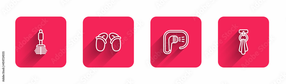 Set line Toilet brush, Flip flops, Shower and Towel on a hanger with long shadow. Red square button. Vector Set line Toilet brush, Flip flops, Shower and Towel on a hanger with long shadow. Red square button. Vector