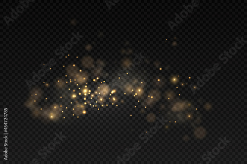 Sparkling golden magic dust particles bokeh light.