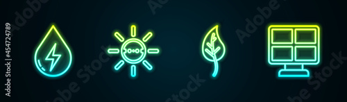 Set line Water energy, Solar panel, Leaf or leaves and . Glowing neon icon. Vector