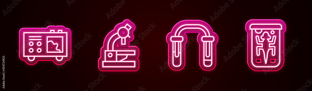 Set line Spectrometer, Microscope, Test tube and flask and Experimental animal. Glowing neon icon. Vector Set line Spectrometer, Microscope, Test tube and flask and Experimental animal. Glowing neon icon. Vector