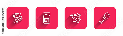 Set line Virus, Jar with additives, Cloning and Microorganisms under magnifier with long shadow. Red square button. Vector