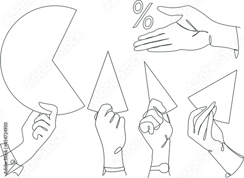Teamwork, economists, percentages. Vector line art illustration.