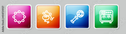 Set line Chemical formula, Genetically modified food, DNA research, search and Biosafety box. Colorful square button. Vector