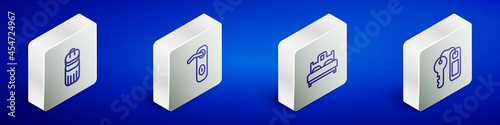 Set Isometric line Trash can, Door handle, Bedroom and Hotel door lock key icon. Vector
