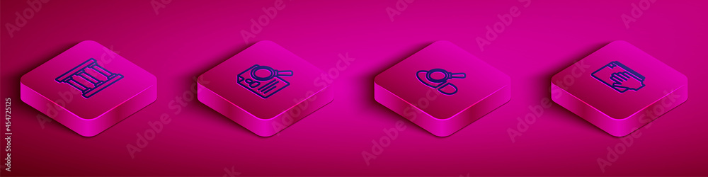 Set Isometric line Prison window, Paper analysis magnifying, Footsteps and Oath the Holy Bible icon. Vector Set Isometric line Prison window, Paper analysis magnifying, Footsteps and Oath the Holy Bible icon. Vector