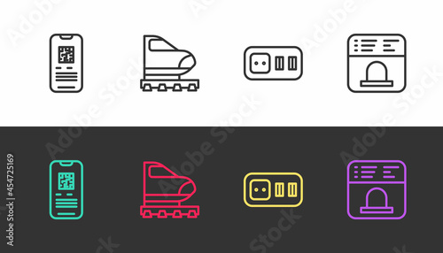 Set line E-ticket train, High-speed, Electrical outlet and Ticket office to buy tickets on black and white. Vector