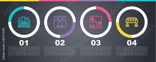 Set line Cargo train wagon, Ticket office to buy tickets, Route location and Road barrier. Business infographic template. Vector