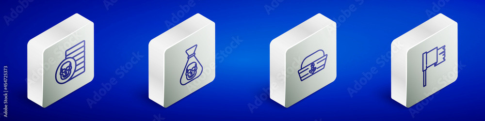 Set Isometric line Pirate coin, , Sailor hat and flag icon. Vector Set Isometric line Pirate coin, , Sailor hat and flag icon. Vector