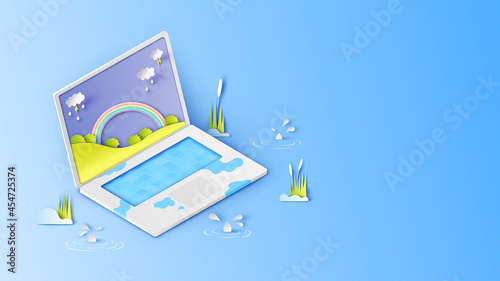 Illustration of open a notebook with nature landscape in Rainy season on display screen. Graphic design for Rainy season. paper cut and craft style. vector, illustration.