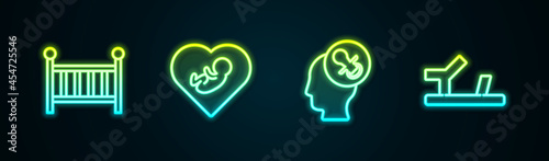 Set line Baby crib cradle, inside heart, dummy pacifier and shoes. Glowing neon icon. Vector