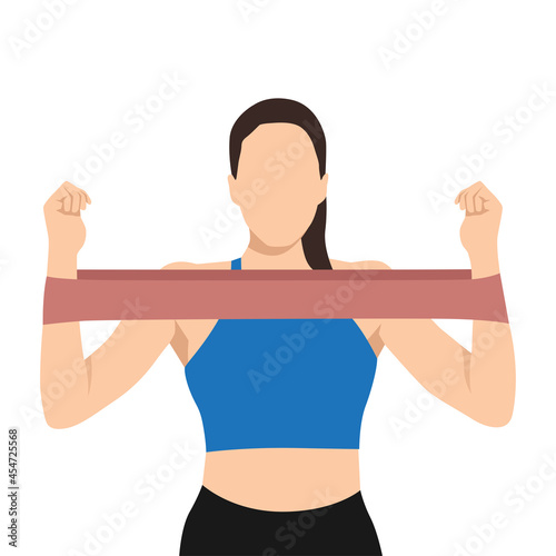 Woman doing toned arm stretch with resistance band exercise. Flat vector illustration isolated on white background