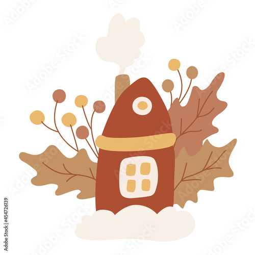 Cozy house with smoke from a chimney surrounded by leaves and berries. Vector hand drawn illustration isolated on white background.  Great for greeting Christmas cards. Earth tones.