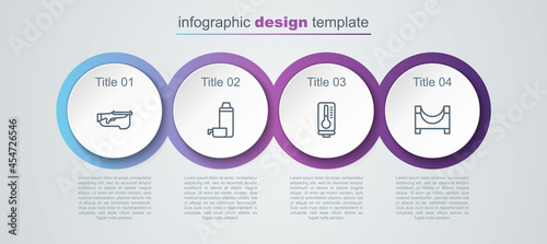 Set line Biathlon rifle, Thermos container, Meteorology thermometer and Skate park. Business infographic template. Vector
