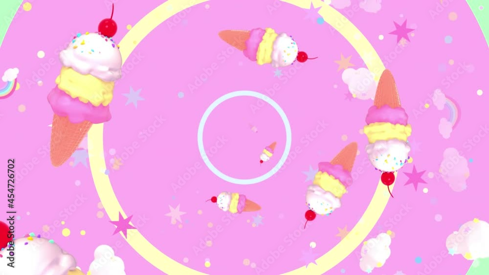 Looped cartoon scoops of ice cream and rainbow clouds pattern background motion graphics.