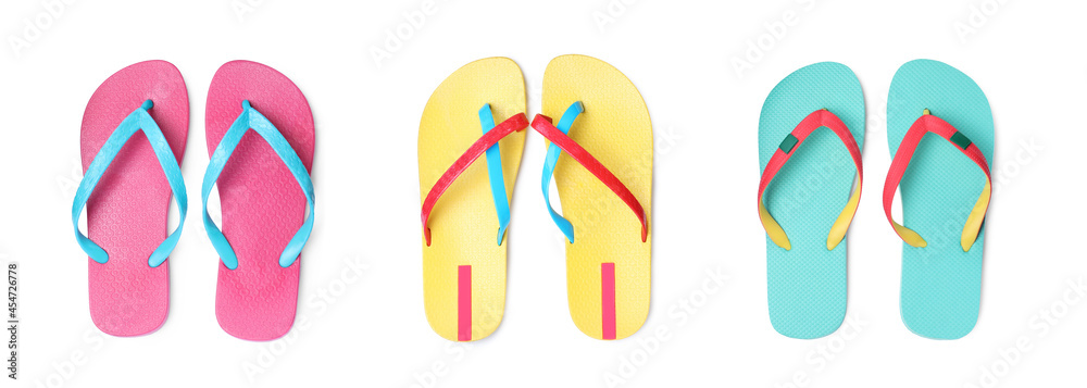 Set with different flip flops on white background, top view. Banner design