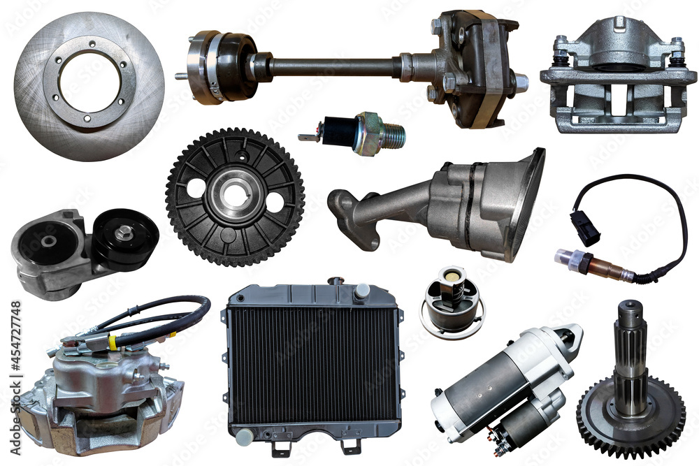 Auto spare parts car on the white background. Set with many isolated items for shop or aftermarket. Auto spare parts car on the white background. Set with many isolated items for shop or aftermarket.