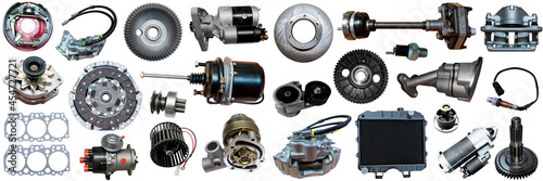 Auto spare parts car on the white background. Set with many isolated items for shop or aftermarket.