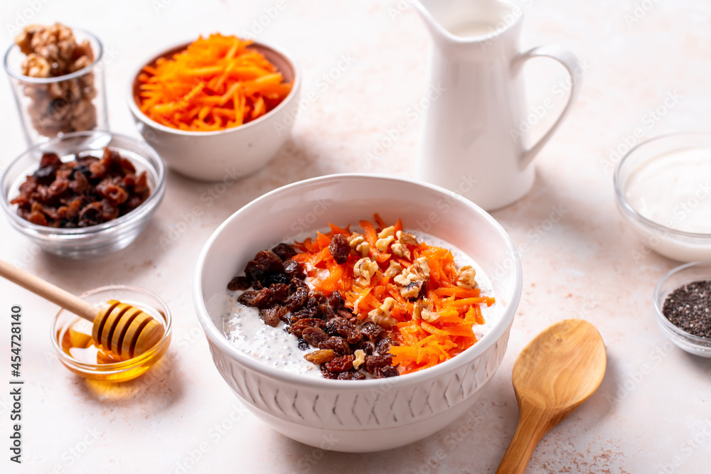 Carrot and raisins overnight oats with walnuts, high protein healthy breakfast Carrot and raisins overnight oats with walnuts, high protein healthy breakfast