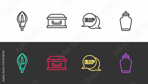 Set line Lily flower, Coffin with cross, Speech bubble rip death and Funeral urn on black and white. Vector