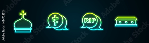 Set line Church tower, Grave with cross, Speech bubble rip death and Coffin. Glowing neon icon. Vector