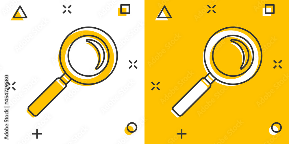 Loupe sign icon in comic style. Magnifier vector cartoon illustration on white isolated background. Search business concept splash effect.