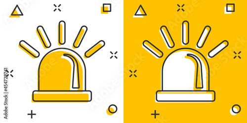 Emergency siren icon in comic style. Police alarm vector cartoon illustration on white isolated background. Medical alert business concept splash effect.