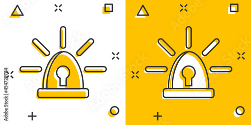 Emergency siren icon in comic style. Police alarm vector cartoon illustration on white isolated background. Medical alert business concept splash effect.