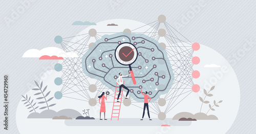 Deep learning neural network connection research for AI tiny person concept. Artificial intelligence or machine knowledge automation progress analysis vector illustration. Collect brain algorithm data